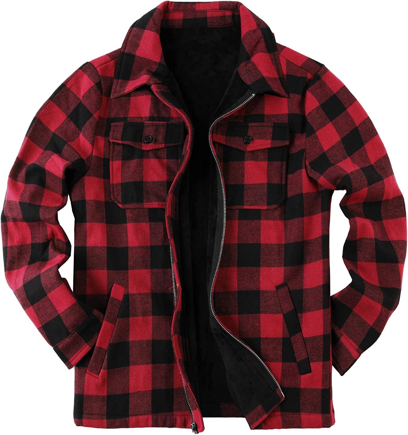 Mens Fleece Jacket Sherpa Lined Zip Up Buffalo Plaid Flannel Coat Casual Long Sleeve   Warm Fall Winter Outwear @