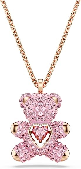 Swarovski Teddy Bear Pendant Necklace, Pink Crystals, Rose Gold-Tone Finish
