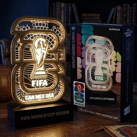 FIFA World Cup 2026 Official Licensed Collectible Display with White LED Glow – Soccer Memorabilia Gift for Men, Dad, Son, Fans – Man Cave, Bar, Desk Decor – USA CAN MEX Trophy