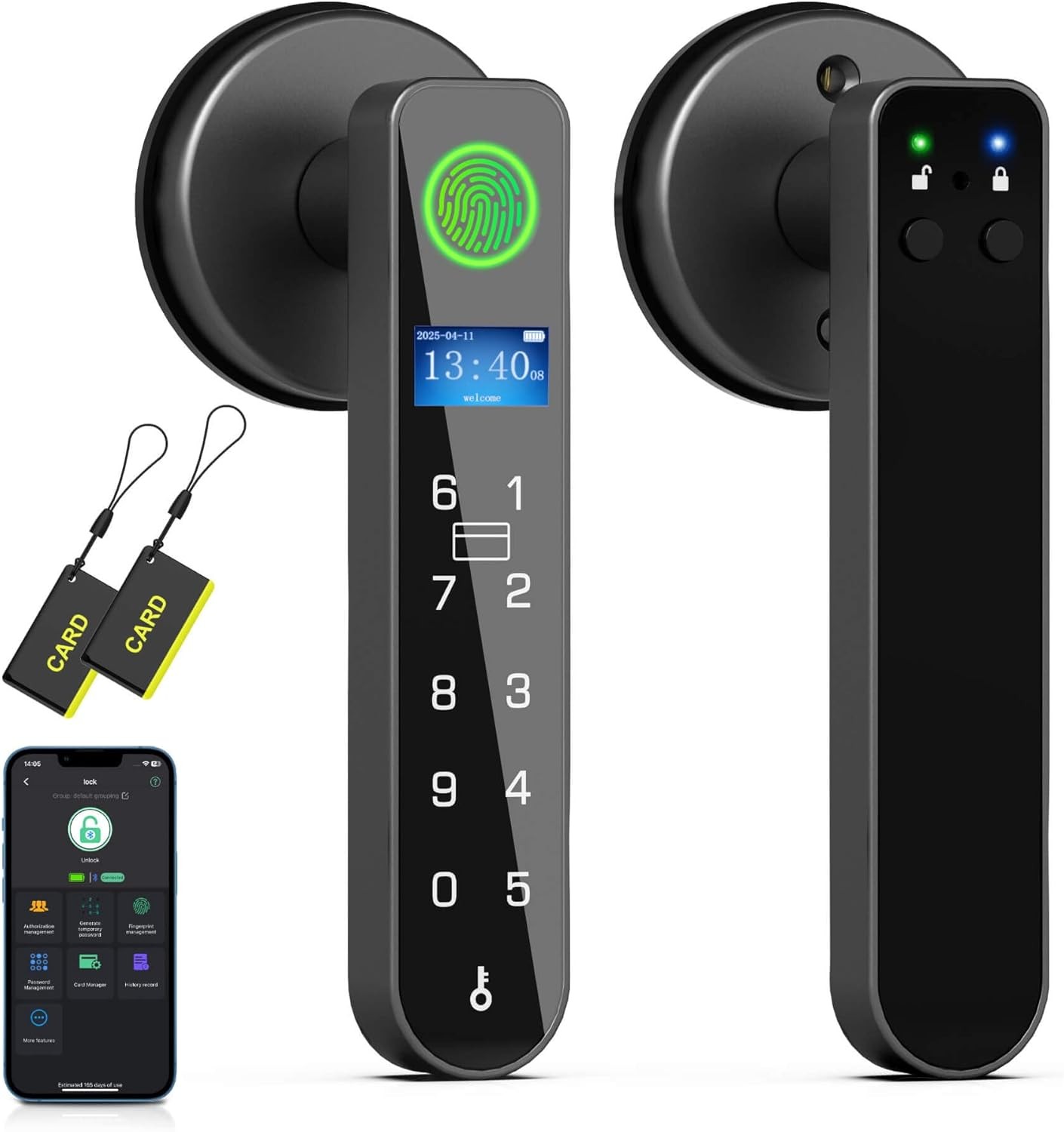 Fingerprint Door Lock, Smart Door Handle with Code Keypad, RFID Keyless Entry Door Lock with Display, Security Locking Door Lever Locks for Bedroom Apartment Hotel Interior - Black