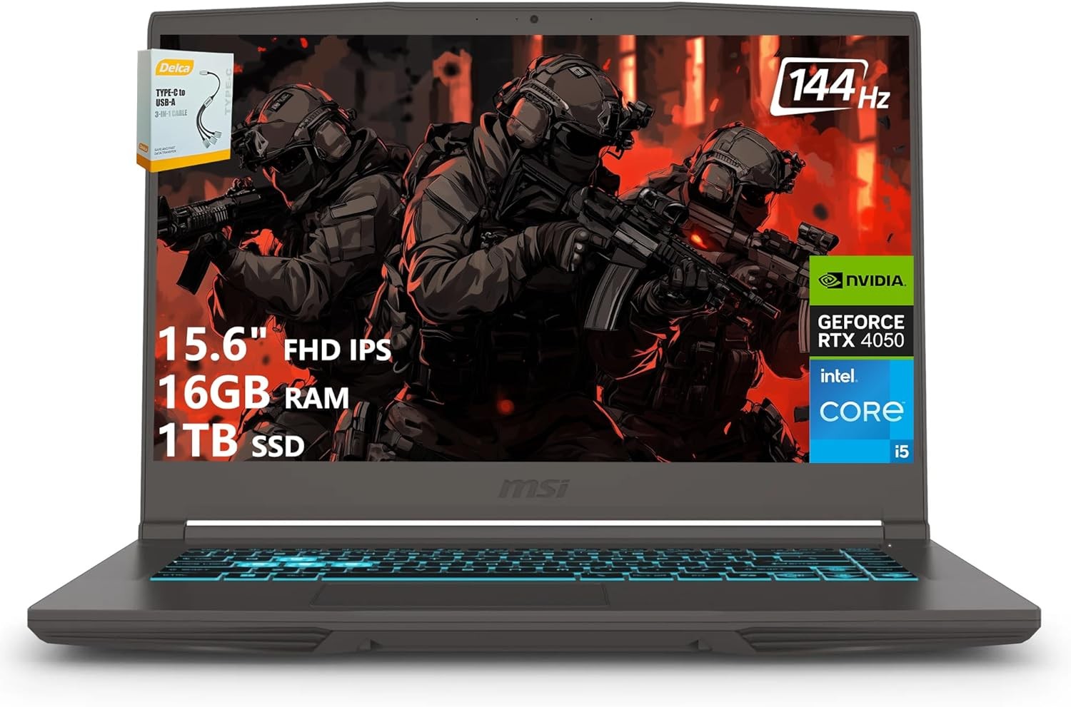 msi Thin 15 Gaming Laptop | 15.6" FHD IPS 144Hz | Intel 8-Core i5-13420H (> i7-12650H) | 16GB RAM 1TB SSD | GeForce RTX 4050 6GB | USB-C Backlit Keyboard Wi-Fi 6E Win11 w/DLCA Accessory