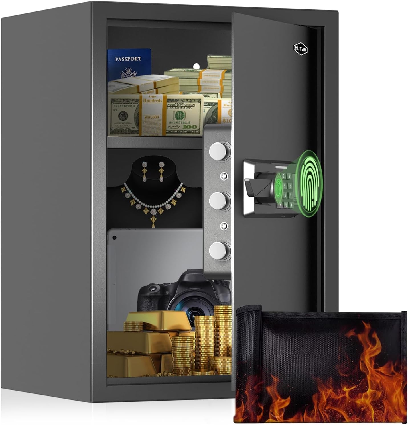 Smart Home Safe 2.0 Cub Biometric Safe Box, Quick-Access with Fingerprint Recognition Handle, Keys, Digital Keyboard, & Type-C Port, Equipped with Fireproof Bag&Alarm System, Bright LED