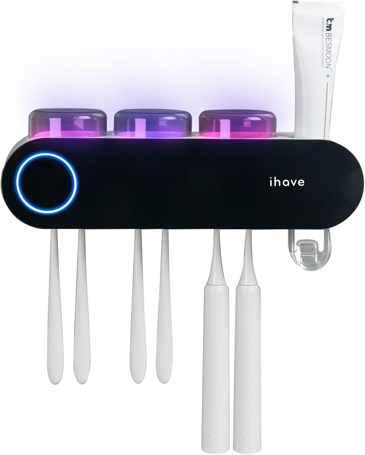 iHave Toothbrush Holders for Bathrooms, UV Toothbrush Sanitizer and Holder Smart Home Bathroom Accessories, 3 Cups Electric Toothbrush Holder Wall Mounted with Toothpaste Dispenser Bathroom Decor