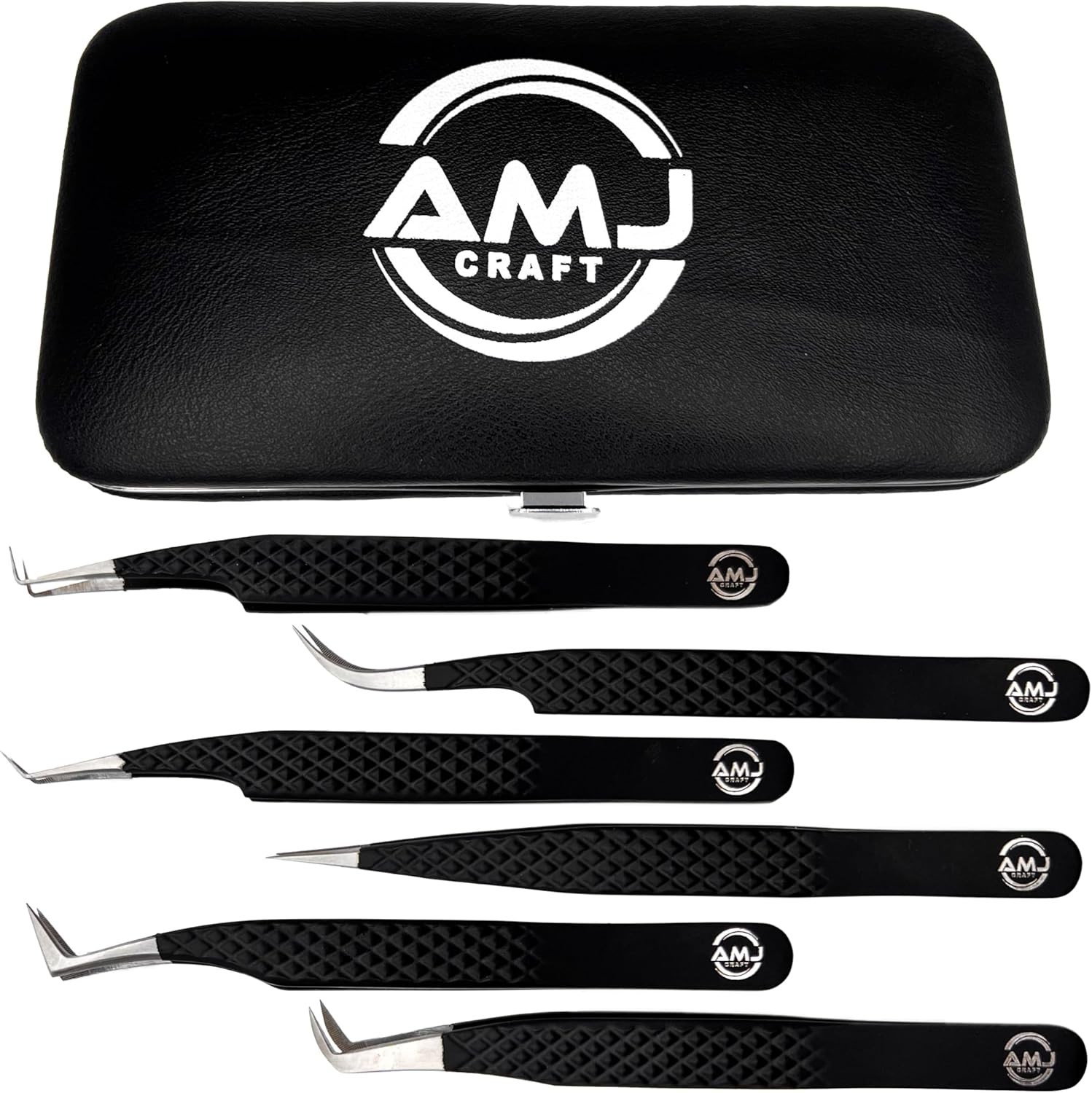AMJ Professional Eyebrow/EYELASHES Tweezers Set, Black Stainless Steel, 6 Piece Precision/FIBER Tips with Case, women beauty care set, Best Gift for Beautiful eyes.
