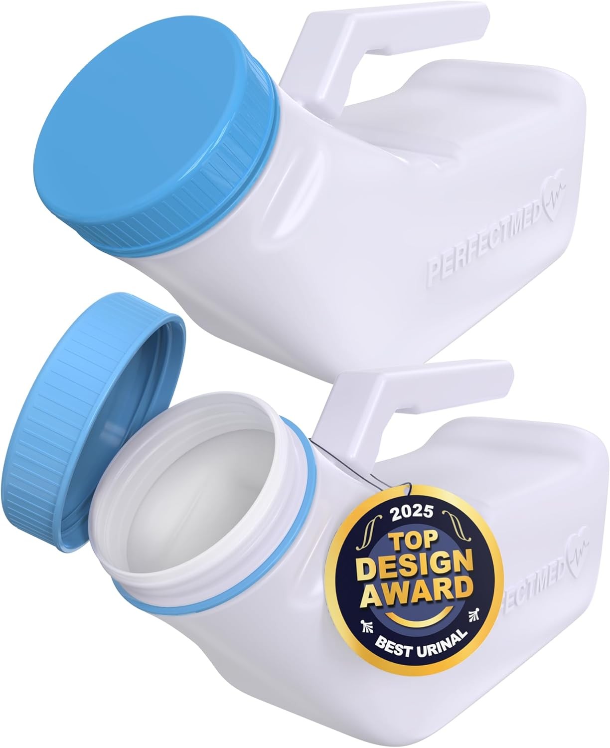 Urinals for Men Spill Proof by PerfectMed (2 Pack) - 32 oz/ 1000 ml | Portable Urine Bottle Bed Pan W/Glow in Dark Lid | Thick Plastic Pee Urinal Bottle