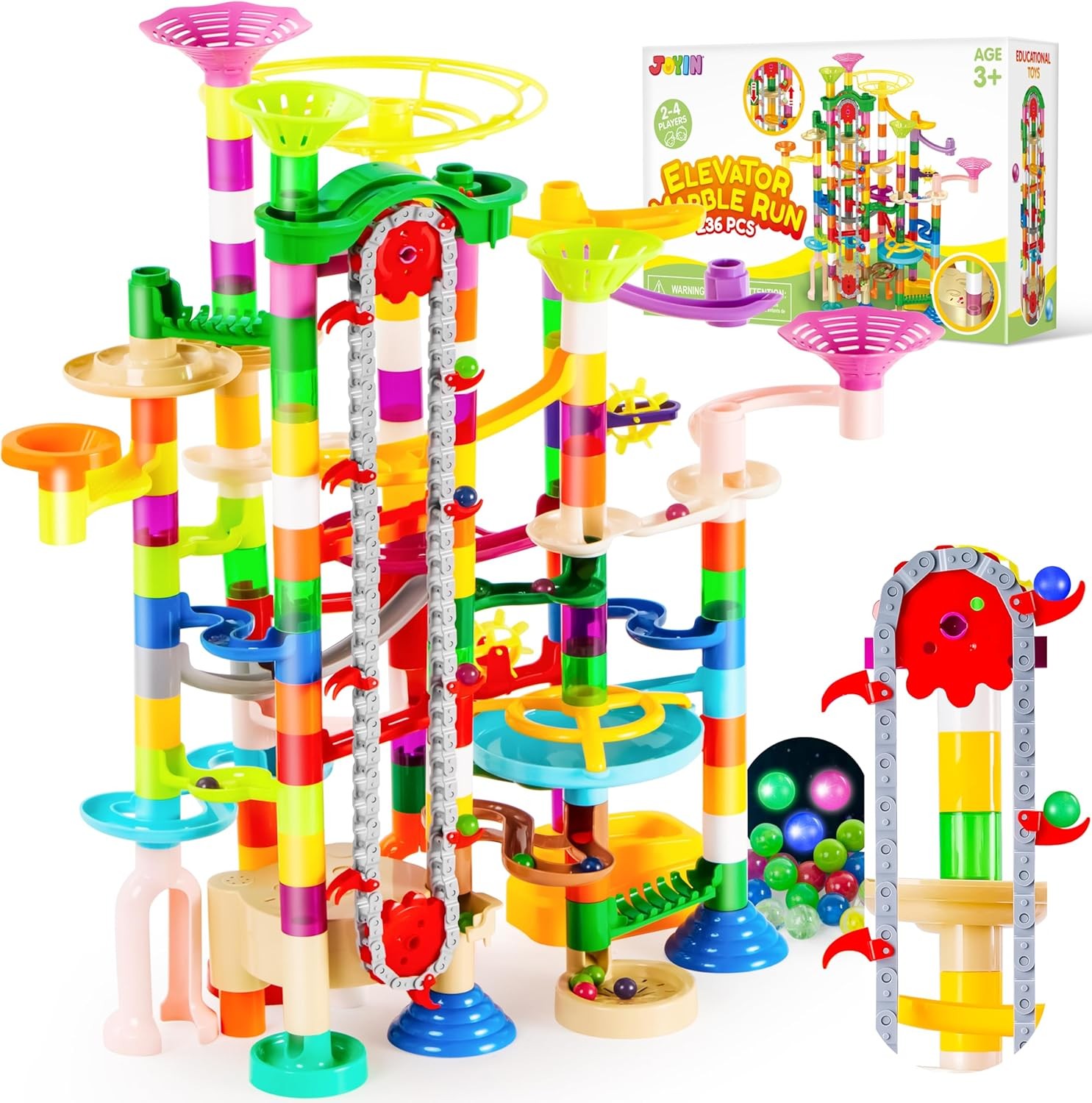 JOYIN 236Pcs Glowing Marble Run with Motorized Elevator- Construction Building Blocks Toys with 30 Glow in The Dark Plastic Marbles, STEM Toy for Boys and Girls Gift for Christmas
