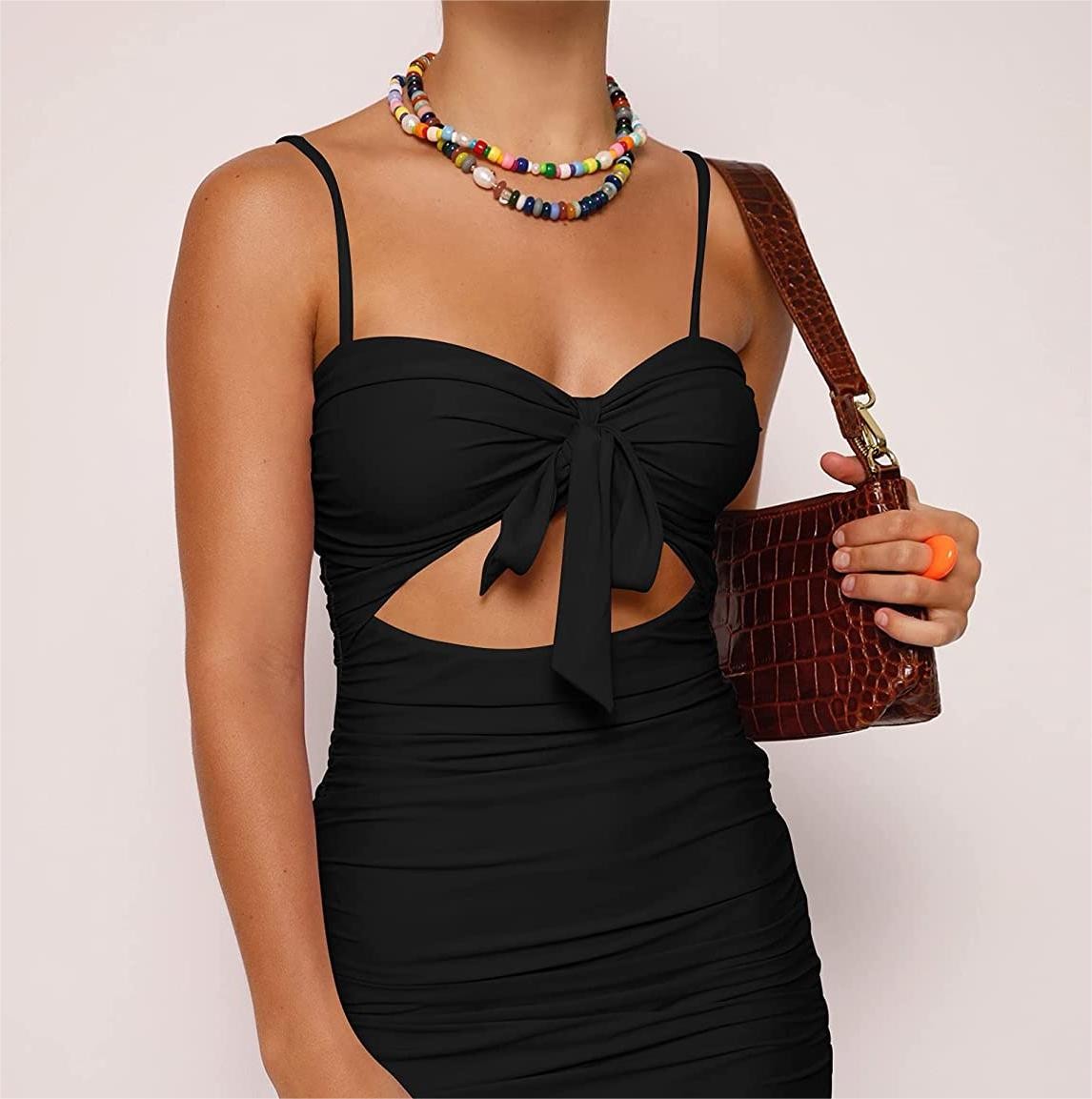 Women's Sexy Bodycon Cut Out Ruched Backless Spaghetti Strap Mini Club Party Dresses-