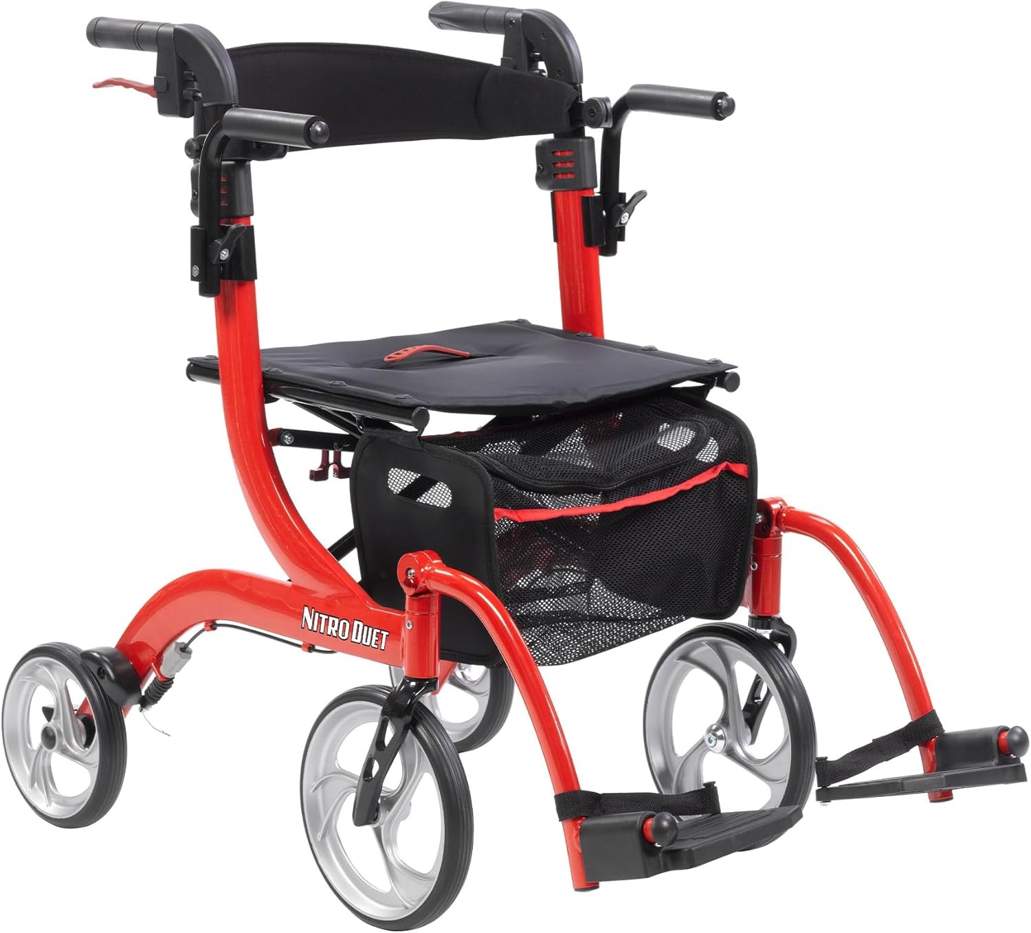 Drive Medical Nitro Dual Function Transport Wheelchair and Rollator Rolling Walker Combo with Hand Activated Brakes and Back Support, Red