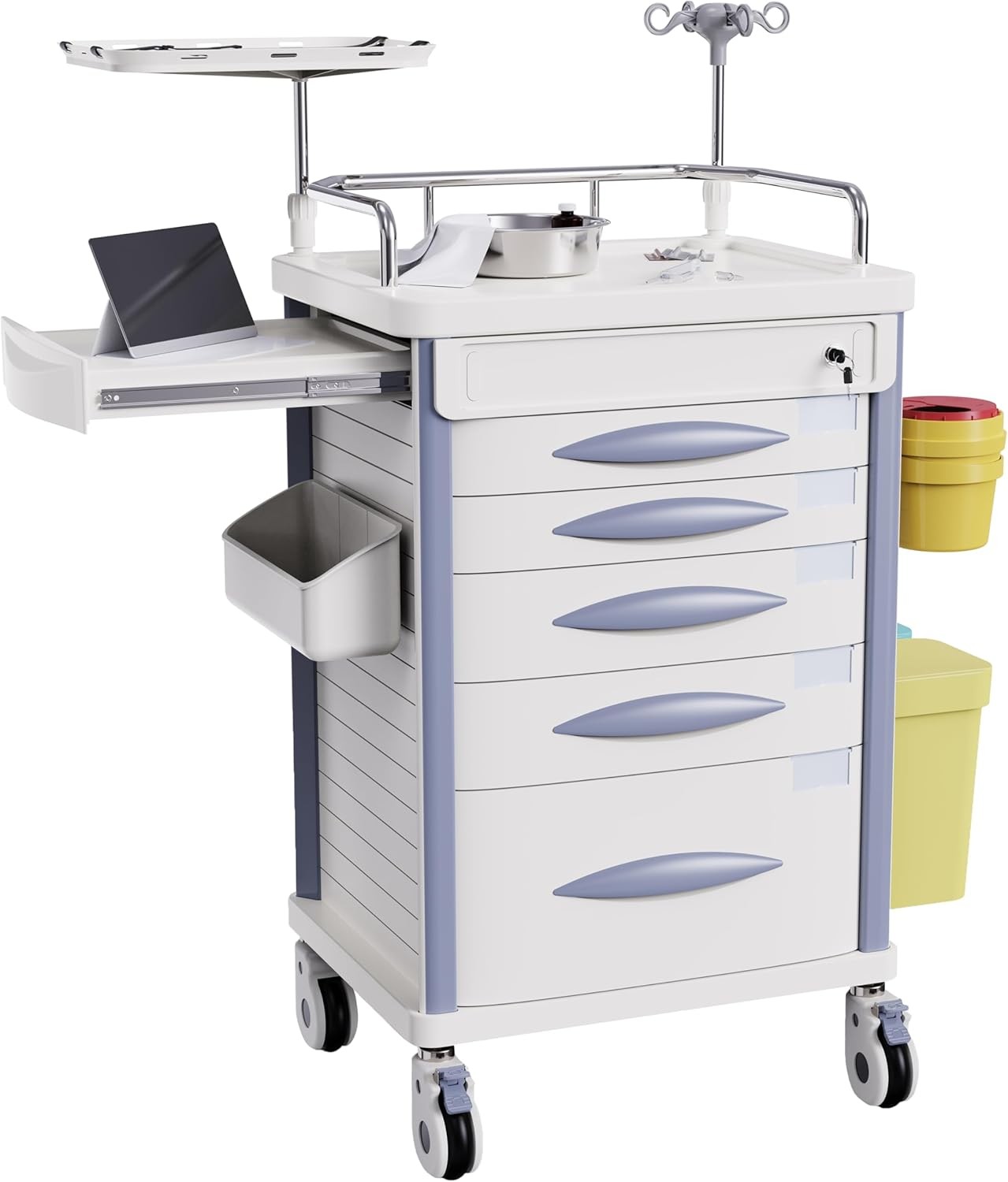 Medical Rolling Crash Cart with Accessories-CPR Board, IV Pole, O2 Holder, Trash Bin, Drawers with Dividers, Mobile Medical Cart for Clinic, Hospital, Nursing Center, Salon, 24.6”Wx19.1”Dx37.1”H