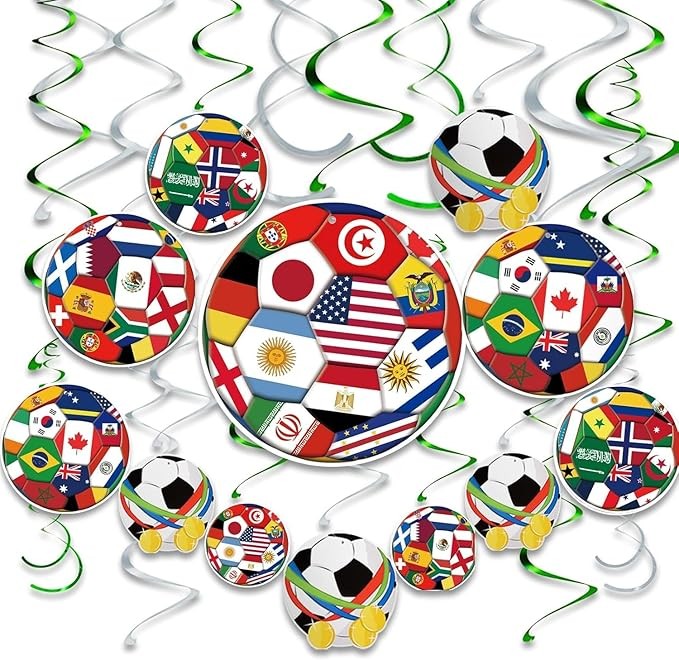 AhfuLife 24pcs Soccer Hanging Swirls for Party Decorations 2026, 12Pcs Soccer Flag Hanging Swirls and 12pcs Hanging Swirls for World Cup Home Party Decorations