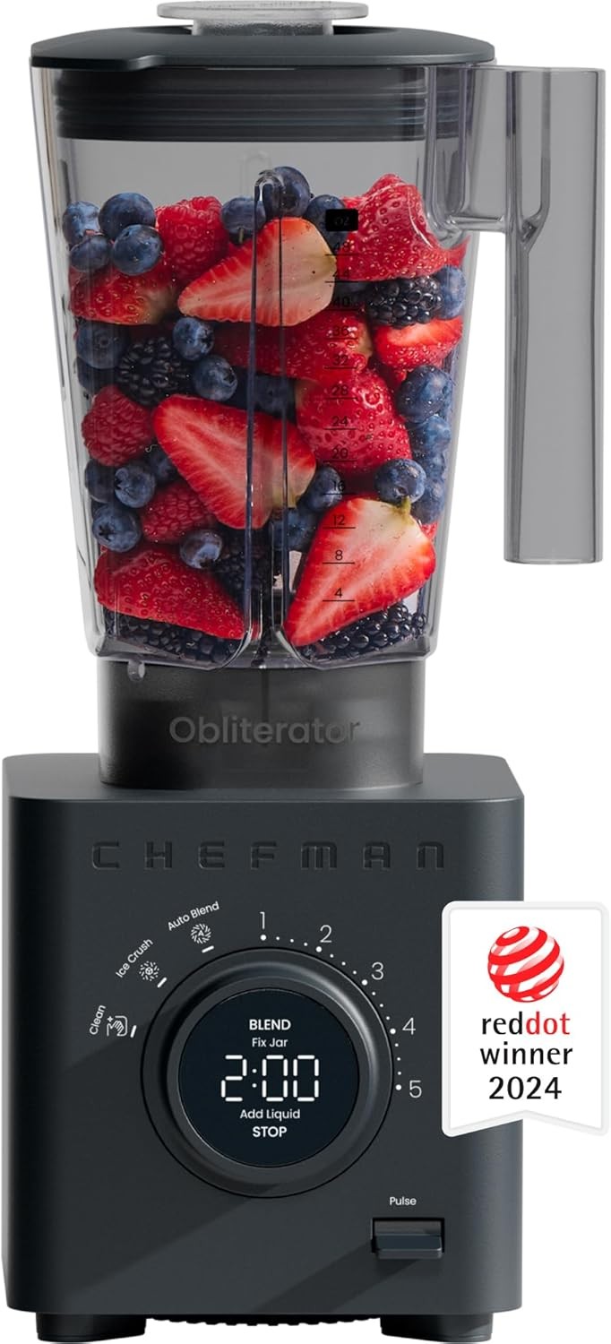 Chefman Obliterator 48 oz Countertop Blender for Smoothies, 1380W Motor to Crush Ice, Nuts, and Frozen Fruit with Stainless Steel Blade, Auto Blend Function, Includes Tamper and Scraper