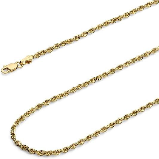 Solid 2mm Rope Diamond Cut Chain Necklace in 14k Real Gold ;'