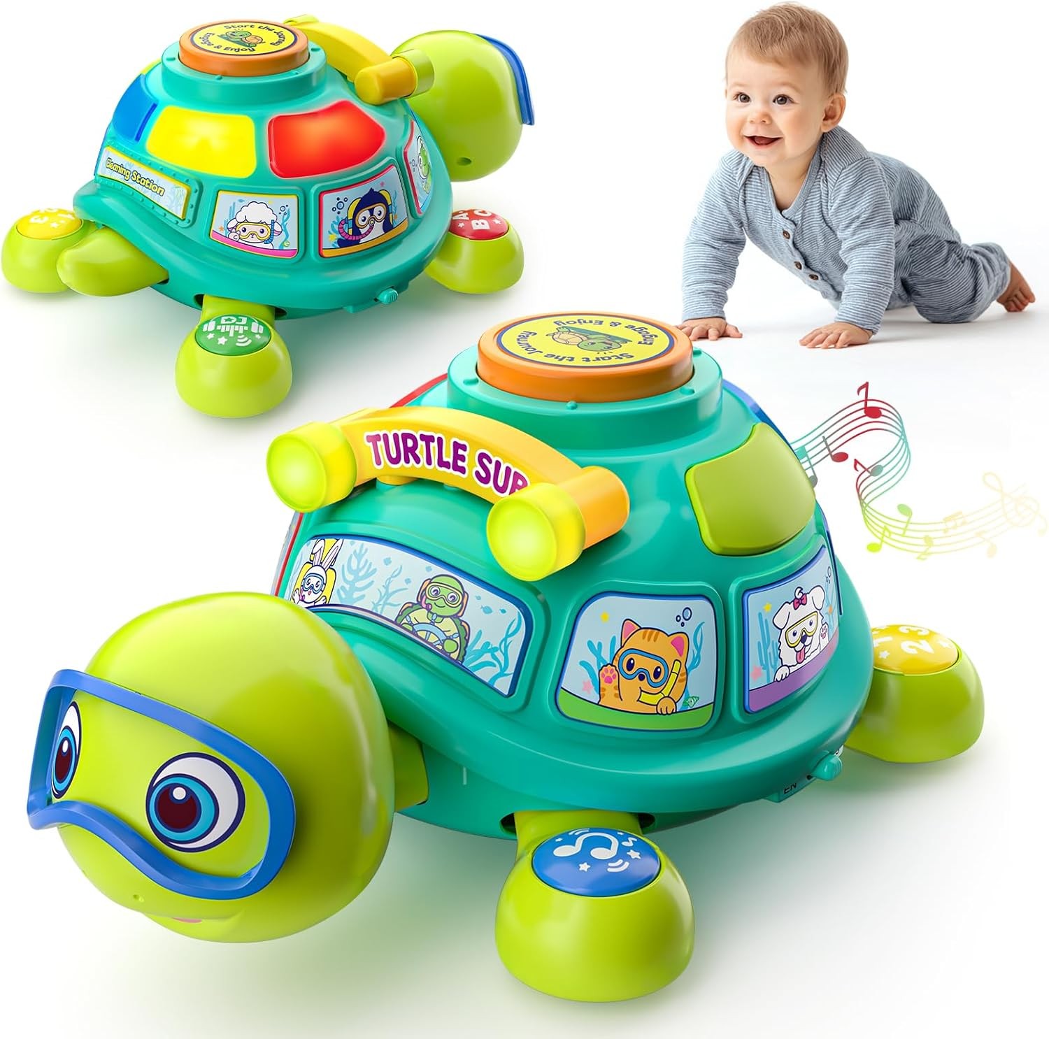 Musical Baby Toys 6-12 Months, Infant Tummy Time Developmental Toy for 3-6 4 5 7 8 9 10 Month, Baby Boy Girl Gift Present, Bilingual Crawling Turtle Toy 9-12-18 Months with Lights