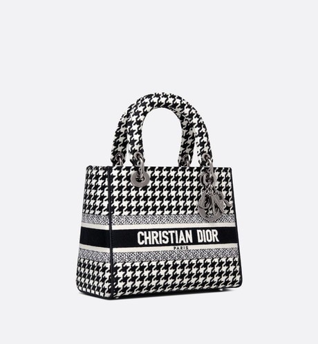 MEDIUM LADY D-LITE BAG Black and white houndstooth pattern embroidery