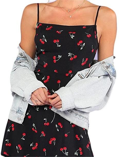 Women's Summer Floral Cherry Print A Line Short Cami Dress-