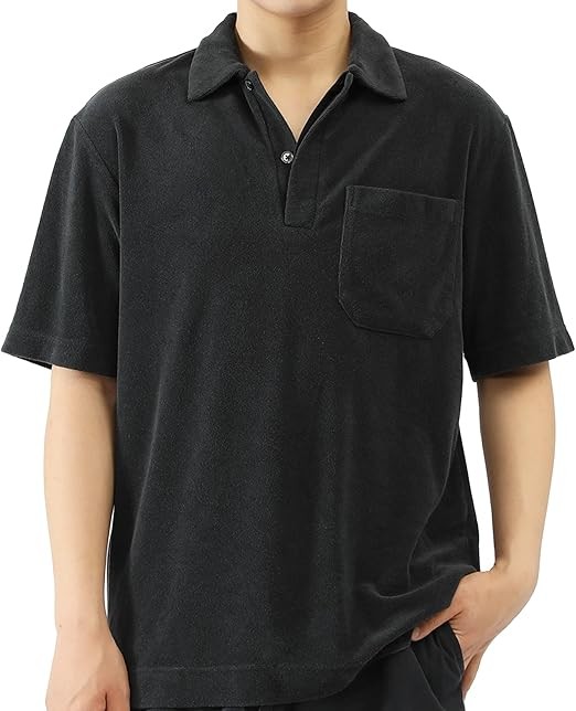 Men's Terry Towel Polo Shirt with Short Sleeve Chest Pocket Casual Unisex Top